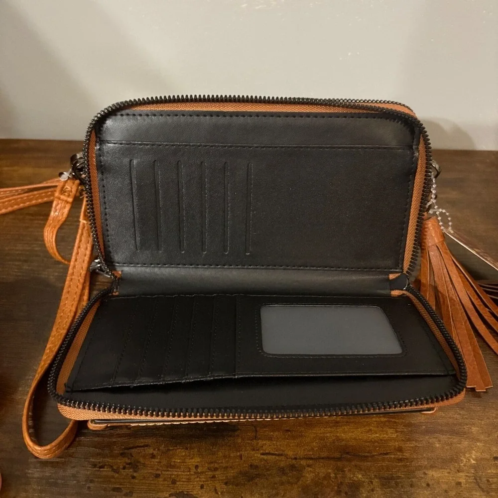 Sam & Hadley Cognac Brown‎ Vegan Leather Embroidered Beaded Crossbody Bag